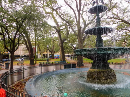 Multi-tiered Ketchum fountain in the square's center