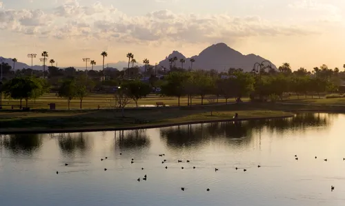 Sunset view across the water with Camelback Mountain on the horizon