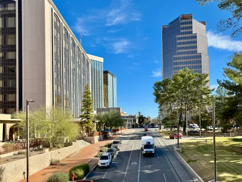 Looking along Congress Street, with the park visible on the right
