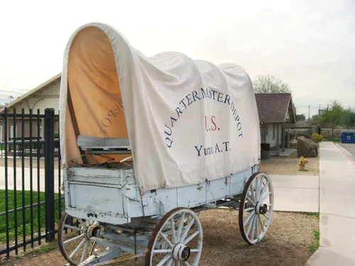 Covered wagon display represents the site's quartermaster supply history