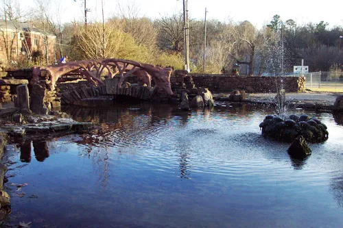 Cute pond with a footbridge in afternoon light
