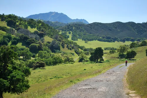 Stewartville Trail winds through green hills with mountain views beyond