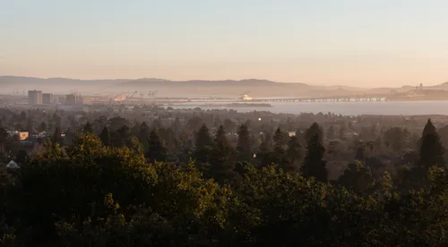 A wide view from the park takes in the San Francisco Bay and surrounding skyline