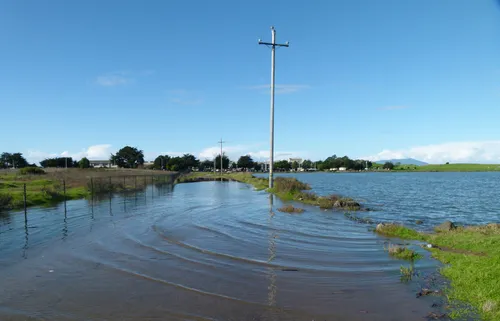 Slightly flooded north shore during high tide with Mount Tamalpais visible in the far distance