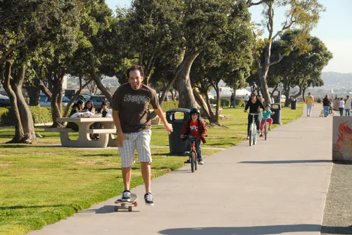 Waterfront pathway with cyclists and skaters along the bayfront