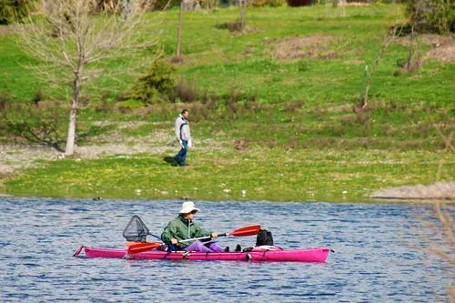 Paddler navigates the waters of the lake