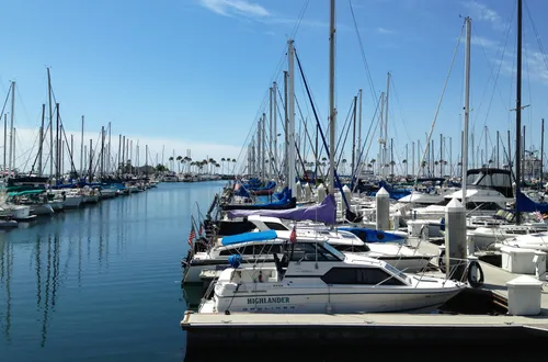 Rows of sailboats moored at the large Long Beach marina