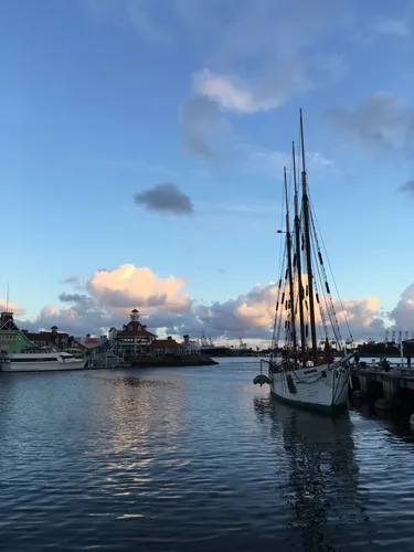 Sailboat moored in Rainbow Harbor at dusk