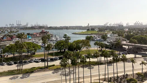 Elevated view of the park and harbor