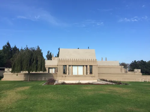 The iconic Hollyhock House showcases Frank Lloyd Wright's distinctive architectural style
