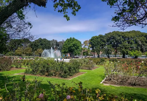 A central fountain anchors the grounds of the Rose Garden