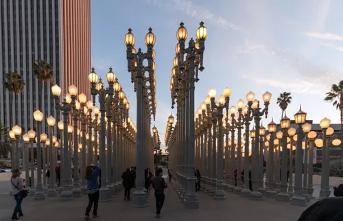Chris Burden's Urban Light assemblage with 202 restored early 20th century street lamps