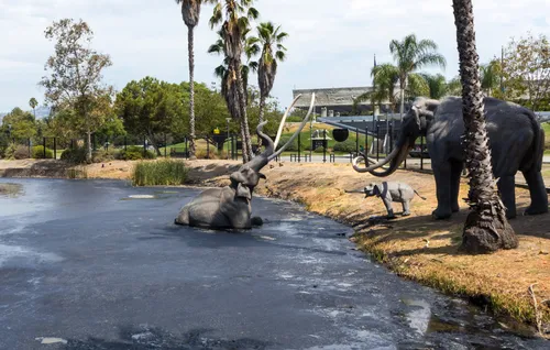 Life-sized prehistoric animal sculptures emerge from the tar pit