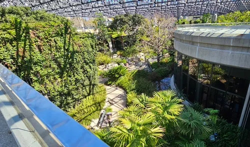 The interior atrium of the Tar Pits Museum features lush planted greenery beneath a glass roof