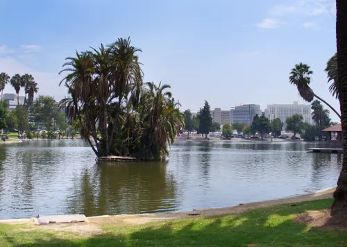 Tranquil lake with small island of palm trees at Lincoln Park