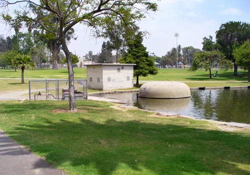 North shore of the park's lake with grassy areas behind