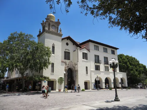 La Plaza United Methodist Church faces the open plaza on a sunny afternoon