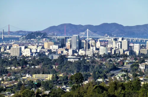Stunning Oakland skyline and San Francisco Bay view from McDonell Trail