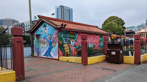Colorful murals adorn the walls of this building