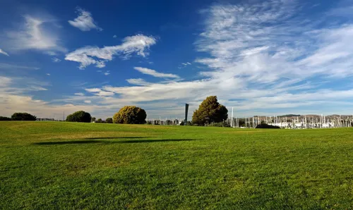 A wide open grass field stretches across the park under a vivid sky