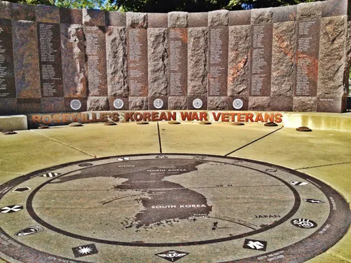 Korean War Veterans monument with circular map on the ground