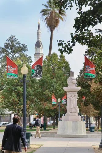 Historic Coleman Memorial Fountain with Cathedral of the Blessed Sacrament visible in background