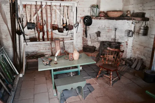 Interior view of a period-accurate workshop with traditional tools