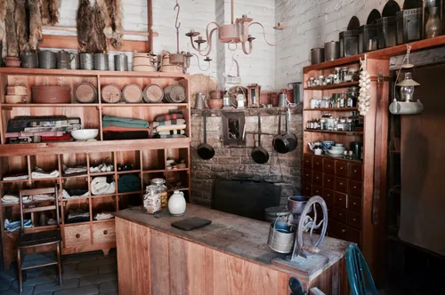 Historic interior with various items on display