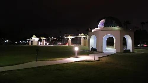 A lit pavilion with a domed roof at Spanish Landing