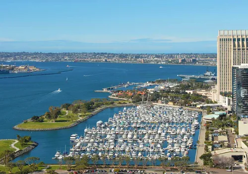 An aerial view of the marina and surrounding San Diego bay front
