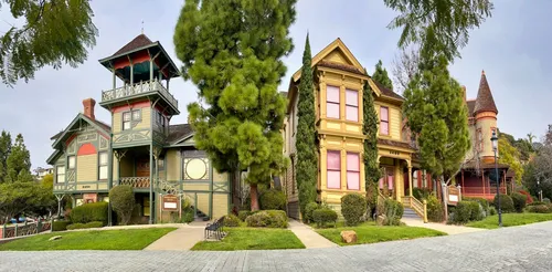 Colorful Victorian buildings along Heritage Park Row
