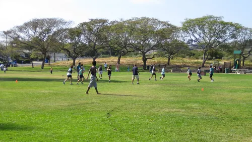 Groups enjoying a game of ultimate frisbee on the open green field near the playground