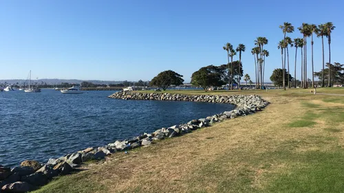 Rocky shoreline curves along the waterfront with palm trees in the distance