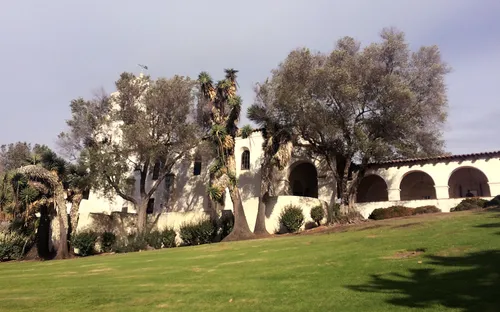 Historic white arches of the Junípero Serra Museum nestled among olive trees
