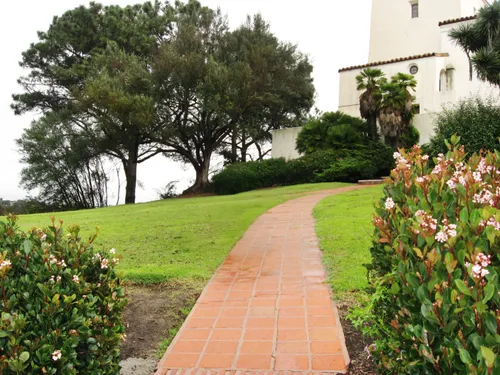 Brick pathway leading up the hill toward the museum