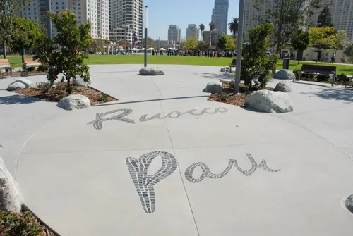 Ruocco Park inscribed in the concrete plaza by the waterfront