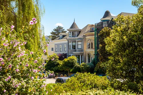 Victorian architecture visible through spring blossoms and greenery