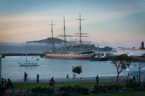 An evening view of the Balclutha as mist rolls in