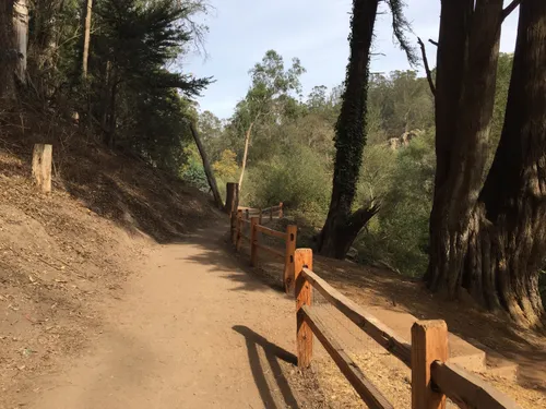 Dirt trail with wooden fence guiding hikers through the park landscape