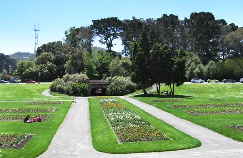 Formal garden with geometric patterns at the Conservatory of Flowers