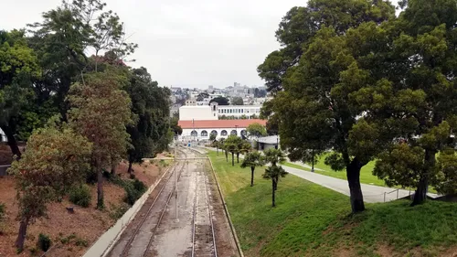 Rails run along the park's west side