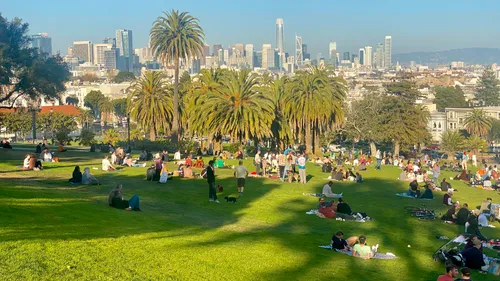 Hillside lawn with downtown San Francisco visible on the horizon