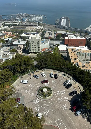 Aerial view of Pioneer Park's circular parking lot