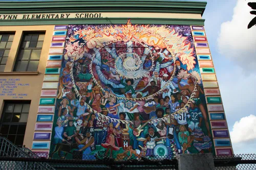 Vibrant mural adorns the Leonard R. Flynn Elementary School building