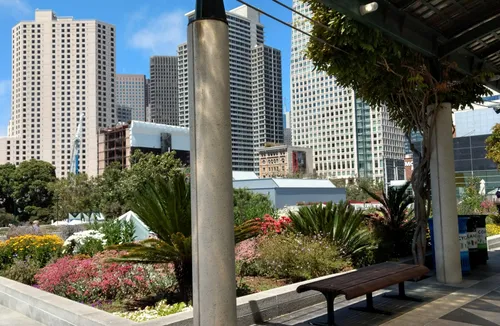 A bench in the Sister Cities Garden offers a shaded place of rest, surrounded by San Francisco's downtown towers