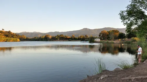 View from Almaden Lake's north shore with Mount Umunhum visible in the background
