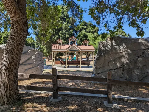 View of the park's wooden train station shelter