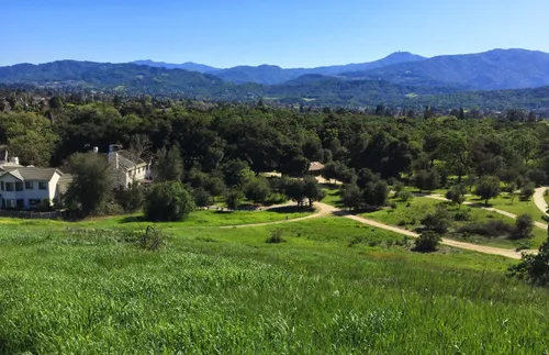 A scenic view across the park, with Mount Umunhum and its radar tower visible in the far distance