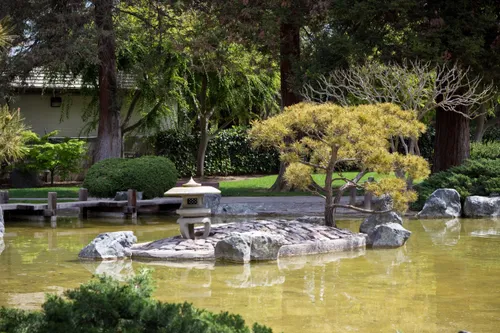 Water feature with decorative rocks in Japanese Friendship Garden
