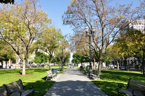 Plenty of park benches provide spots for rest and relaxation